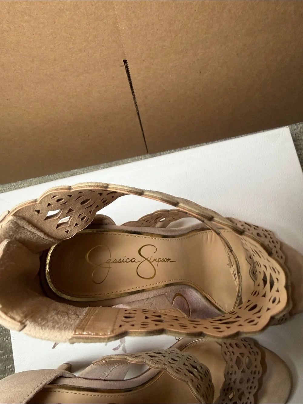 Jessica Simpson Nude Laser-Cut Suede Heel Sandals 4 inches
